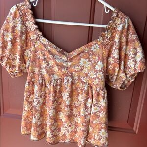 Eyeshadow Floral Puff Sleeve Blouse - Orange and White